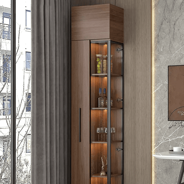 Wavecrest Wooden Cocktail Bar Cabinet with Glass Doors & Storage Shelves | Modern Walnut Finish Home Bar Unit for Living Room, Dining Area & Entertainment Spaces - Sleek Furniture