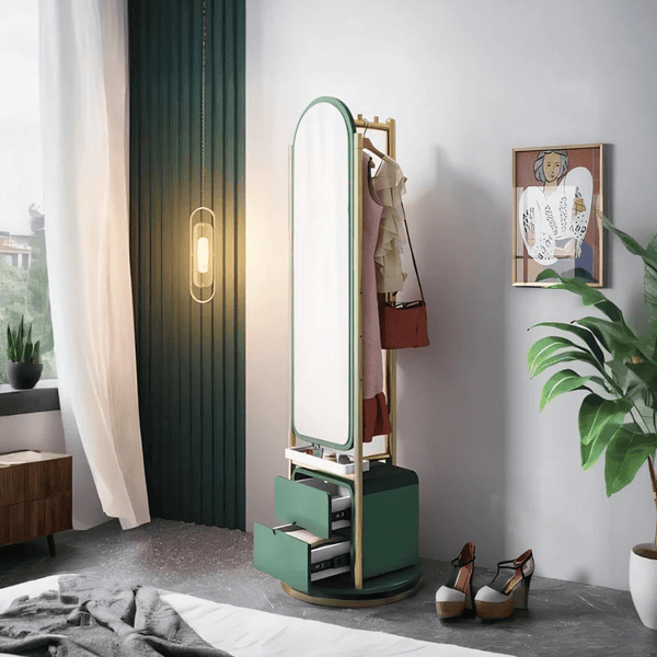 Weilai Concept Full - Length Mirror Storage Wardrobe with Integrated Shelving – Modern Freestanding Bedroom Cabinet (Green & Ash Finish) - Sleek Furniture