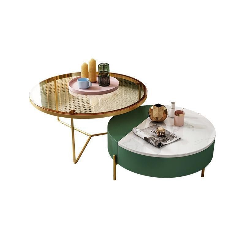 Weilai Concept Nesting Coffee Table Set with Sintered Stone Top, MDF Base & Painted Steel Frame, Modern Round Space Saving Living Room Tables, Green and White - Sleek Furniture