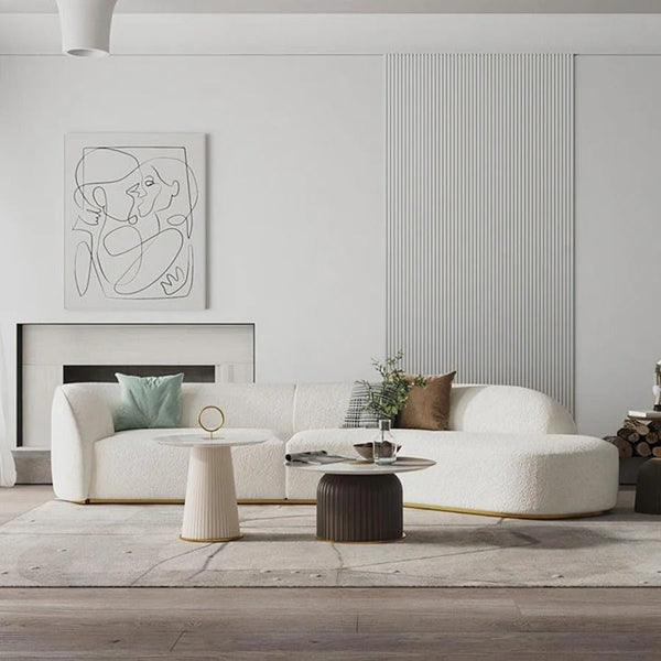 Welby Four Seater Curved Sofa – Modern White Bouclé & Velvet Upholstered Designer Sofa, Contemporary Luxury 4-Seater Lounge Couch for Living Room - Sleek Furniture