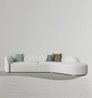 Welby Four Seater Curved Sofa – Modern White Bouclé & Velvet Upholstered Designer Sofa, Contemporary Luxury 4-Seater Lounge Couch for Living Room - Sleek Furniture