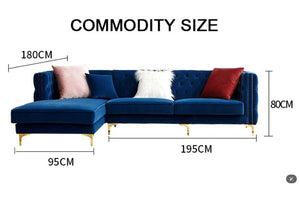 WH215 Modern Velvet Three-Seater Corner Sofa – Contemporary L-Shaped Couch with Steel Frame, Comfortable Seating for Living Room, Green & Blue - Sleek Furniture