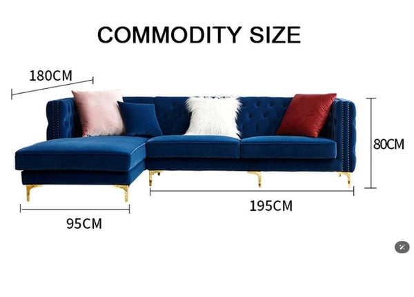 WH215 Modern Velvet Three-Seater Corner Sofa – Contemporary L-Shaped Couch with Steel Frame, Comfortable Seating for Living Room, Green & Blue - Sleek Furniture