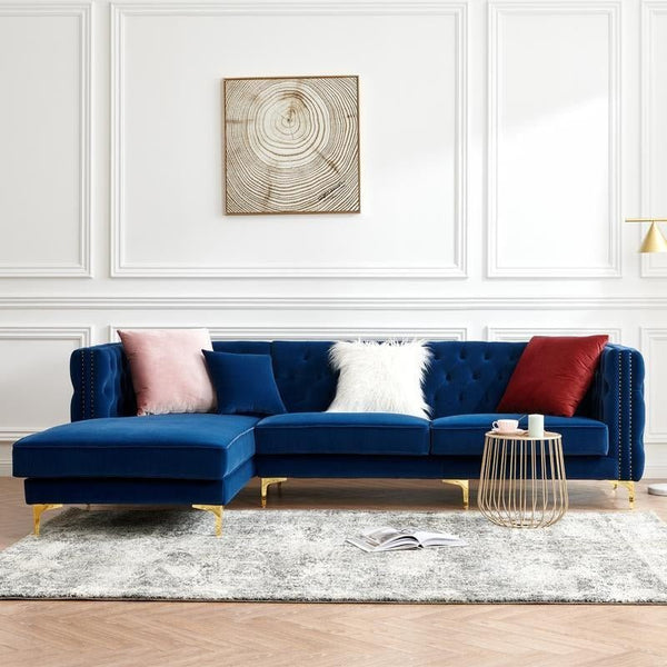 WH215 Modern Velvet Three-Seater Corner Sofa – Contemporary L-Shaped Couch with Steel Frame, Comfortable Seating for Living Room, Green & Blue - Sleek Furniture
