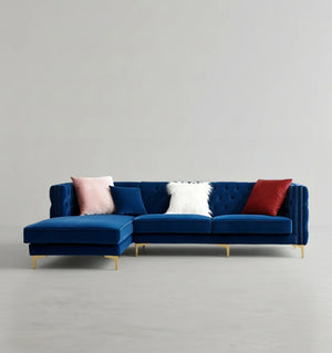 WH215 Modern Velvet Three-Seater Corner Sofa – Contemporary L-Shaped Couch with Steel Frame, Comfortable Seating for Living Room, Green & Blue - Sleek Furniture