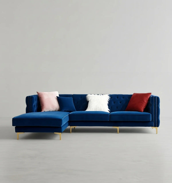 WH215 Modern Velvet Three-Seater Corner Sofa – Contemporary L-Shaped Couch with Steel Frame, Comfortable Seating for Living Room, Green & Blue - Sleek Furniture