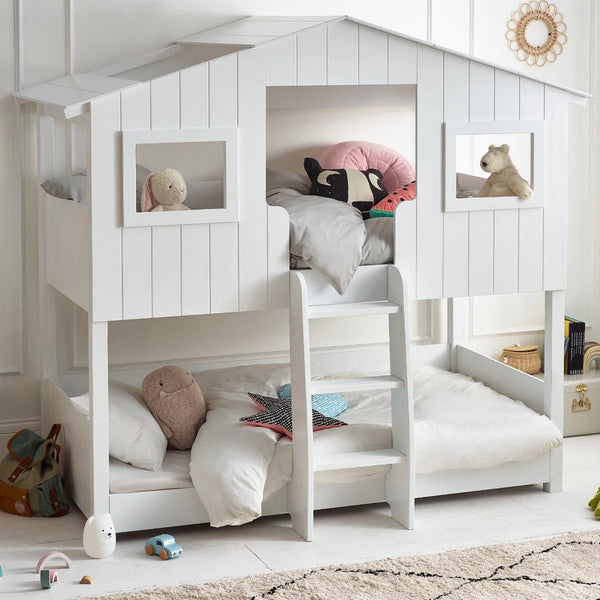 Willow Treehouse Bunk Bed – White Wooden Kids Single Bed with Playhouse Design, Ladder & Windows - Sleek Furniture