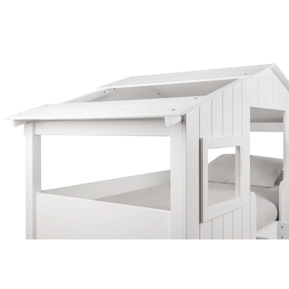 Willow Treehouse Bunk Bed – White Wooden Kids Single Bed with Playhouse Design, Ladder & Windows - Sleek Furniture