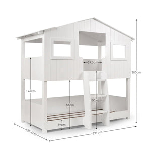 Willow Treehouse Bunk Bed – White Wooden Kids Single Bed with Playhouse Design, Ladder & Windows - Sleek Furniture