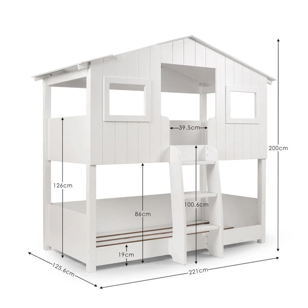 Willow Treehouse Bunk Bed – White Wooden Kids Single Bed with Playhouse Design, Ladder & Windows - Sleek Furniture