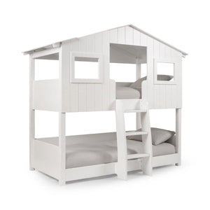 Willow Treehouse Bunk Bed – White Wooden Kids Single Bed with Playhouse Design, Ladder & Windows - Sleek Furniture