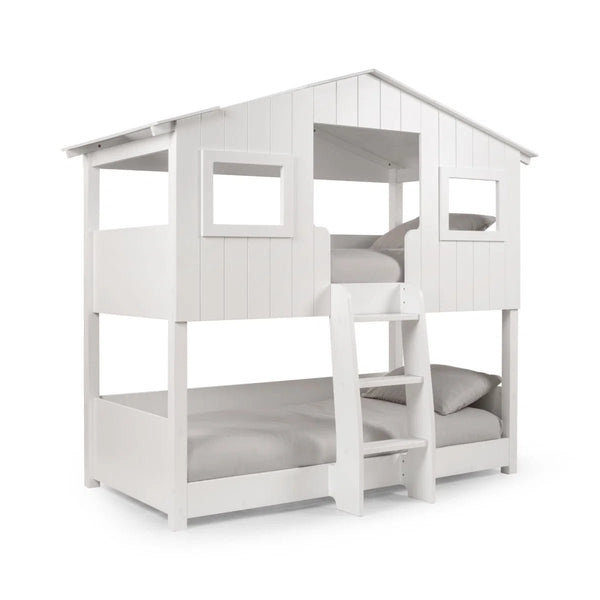 Willow Treehouse Bunk Bed – White Wooden Kids Single Bed with Playhouse Design, Ladder & Windows - Sleek Furniture