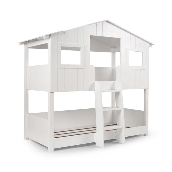Willow Treehouse Bunk Bed – White Wooden Kids Single Bed with Playhouse Design, Ladder & Windows - Sleek Furniture