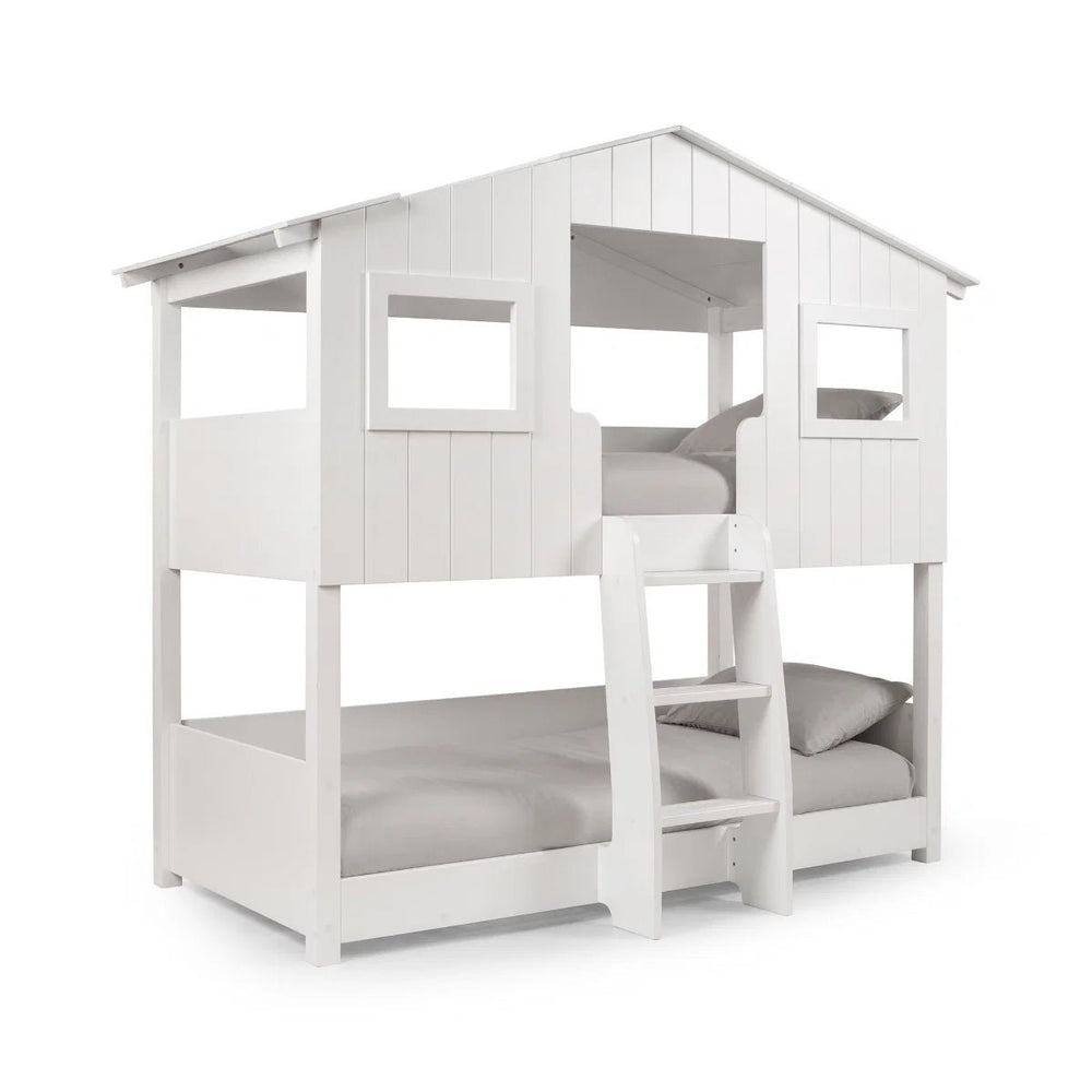 Willow Treehouse Bunk Bed – White Wooden Kids Single Bed with Playhouse Design, Ladder & Windows - Sleek Furniture