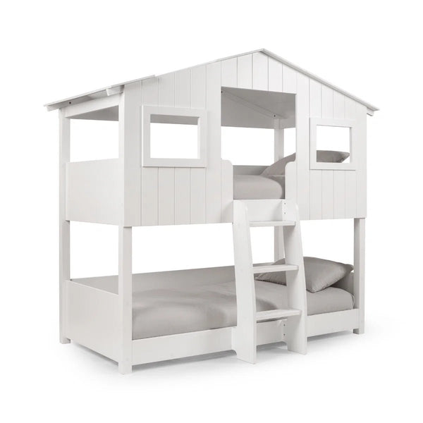 Willow Treehouse Bunk Bed – White Wooden Kids Single Bed with Playhouse Design, Ladder & Windows - Sleek Furniture