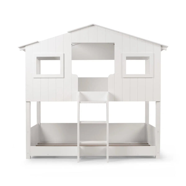 Willow Treehouse Bunk Bed – White Wooden Kids Single Bed with Playhouse Design, Ladder & Windows - Sleek Furniture