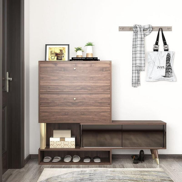 WR532 Modern Shoe Storage Cabinet – Wooden & Black Metal Frame Entryway Organizer, Contemporary Space - Saving Footwear Rack with Multi - Tier Storage (Rosewood Finish) - Sleek Furniture