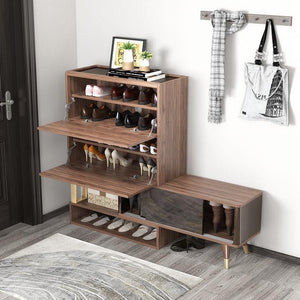WR532 Modern Shoe Storage Cabinet – Wooden & Black Metal Frame Entryway Organizer, Contemporary Space - Saving Footwear Rack with Multi - Tier Storage (Rosewood Finish) - Sleek Furniture