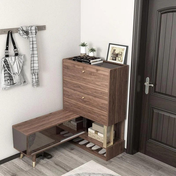 WR532 Modern Shoe Storage Cabinet – Wooden & Black Metal Frame Entryway Organizer, Contemporary Space - Saving Footwear Rack with Multi - Tier Storage (Rosewood Finish) - Sleek Furniture