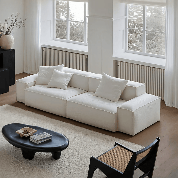 Zaavan Modular Three Seater Sofa | Modern Linen Upholstered Couch | Off White Contemporary Living Room Sofa | Comfortable High Resilience Foam Seating - Sleek Furniture