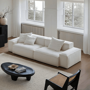 Zaavan Modular Three Seater Sofa | Modern Linen Upholstered Couch | Off White Contemporary Living Room Sofa | Comfortable High Resilience Foam Seating - Sleek Furniture