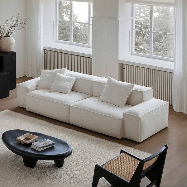 Zaavan Modular Three Seater Sofa | Modern Linen Upholstered Couch | Off White Contemporary Living Room Sofa | Comfortable High Resilience Foam Seating - Sleek Furniture