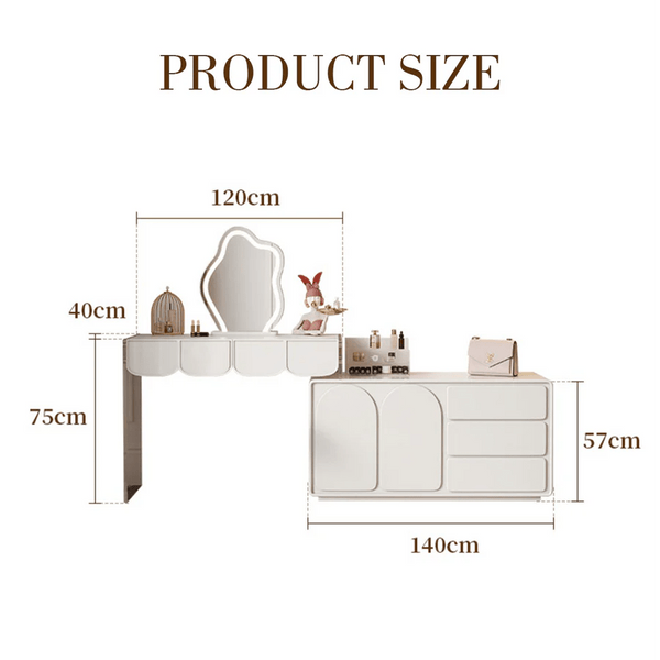 Zenith Modern Dressing Table with Sideboard Storage & LED Mirror – Elegant Cream Vanity Unit for Bedroom & Dressing Area - Sleek Furniture