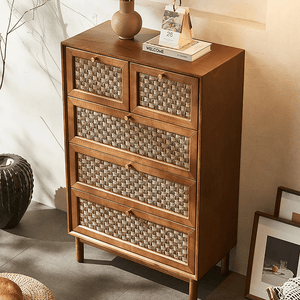 Zulu Art Deco Sideboard Cabinet – Solid Wood Storage Unit with Twisted Paper Cord Doors, Walnut & Light Oak Finish, Modern Mid - Century Buffet Cabinet - Sleek Furniture