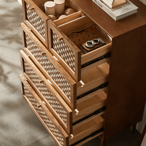 Zulu Art Deco Sideboard Cabinet – Solid Wood Storage Unit with Twisted Paper Cord Doors, Walnut & Light Oak Finish, Modern Mid - Century Buffet Cabinet - Sleek Furniture