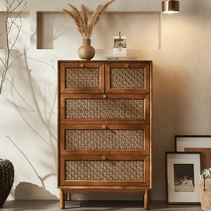 Zulu Art Deco Sideboard Cabinet – Solid Wood Storage Unit with Twisted Paper Cord Doors, Walnut & Light Oak Finish, Modern Mid - Century Buffet Cabinet - Sleek Furniture