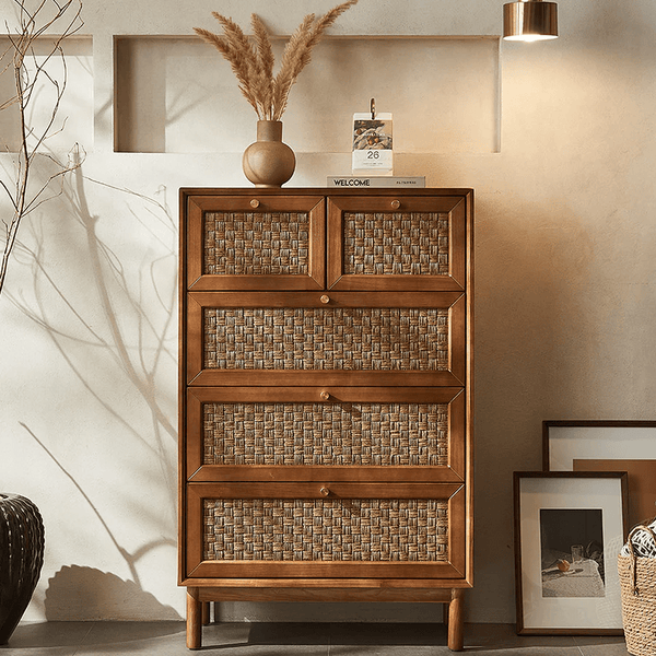 Zulu Art Deco Sideboard Cabinet – Solid Wood Storage Unit with Twisted Paper Cord Doors, Walnut & Light Oak Finish, Modern Mid - Century Buffet Cabinet - Sleek Furniture