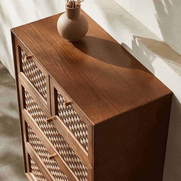 Zulu Art Deco Sideboard Cabinet – Solid Wood Storage Unit with Twisted Paper Cord Doors, Walnut & Light Oak Finish, Modern Mid - Century Buffet Cabinet - Sleek Furniture