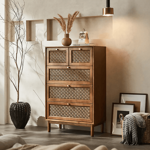 Zulu Art Deco Sideboard Cabinet – Solid Wood Storage Unit with Twisted Paper Cord Doors, Walnut & Light Oak Finish, Modern Mid - Century Buffet Cabinet - Sleek Furniture